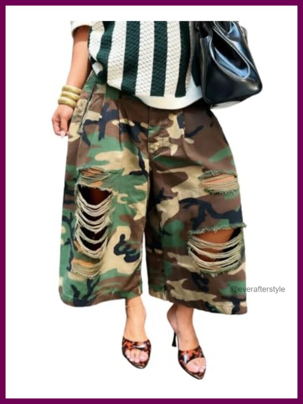 Women's Ripped Camo Wide Leg Barrel Capris High Waist Baggy Cropped Pants